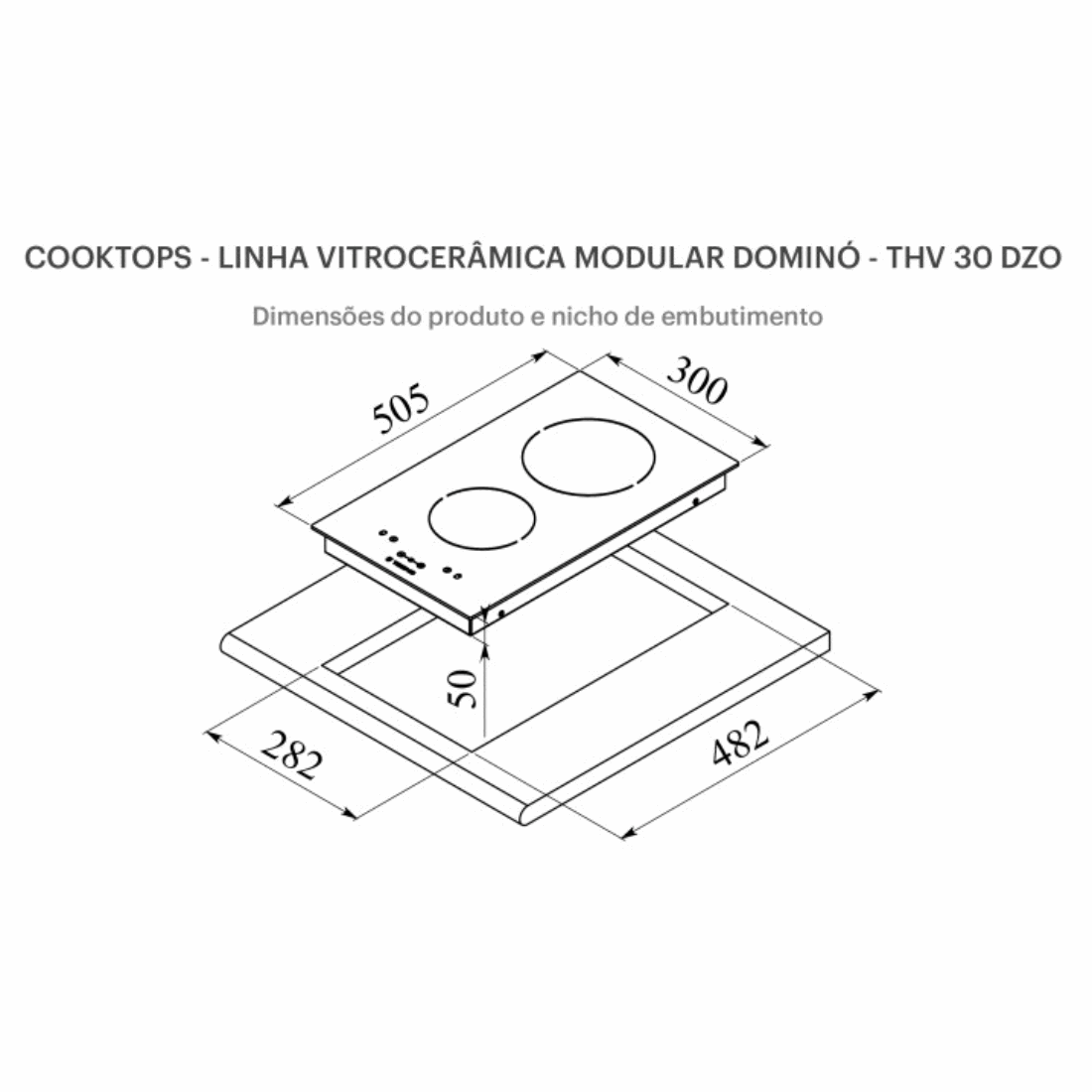 Cooktop Dominó Elétrico Tecno 2 Zonas Vitrocerâmico 30cm, desenho técnico com medidas e duas zonas elétricas em vidro vitrocerâmico