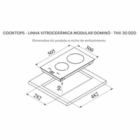 Cooktop Dominó Elétrico Tecno 2 Zonas Vitrocerâmico 30cm, desenho técnico com medidas e duas zonas elétricas em vidro vitrocerâmico