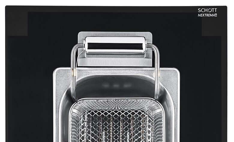 Tecno cooktop elétrico dominó 30cm com fritadeira integrada em vidro preto, cesto grande inox e manípulo soft-touch — Cooktop Dominó Fritadeira Elétrica Tecno 30cm