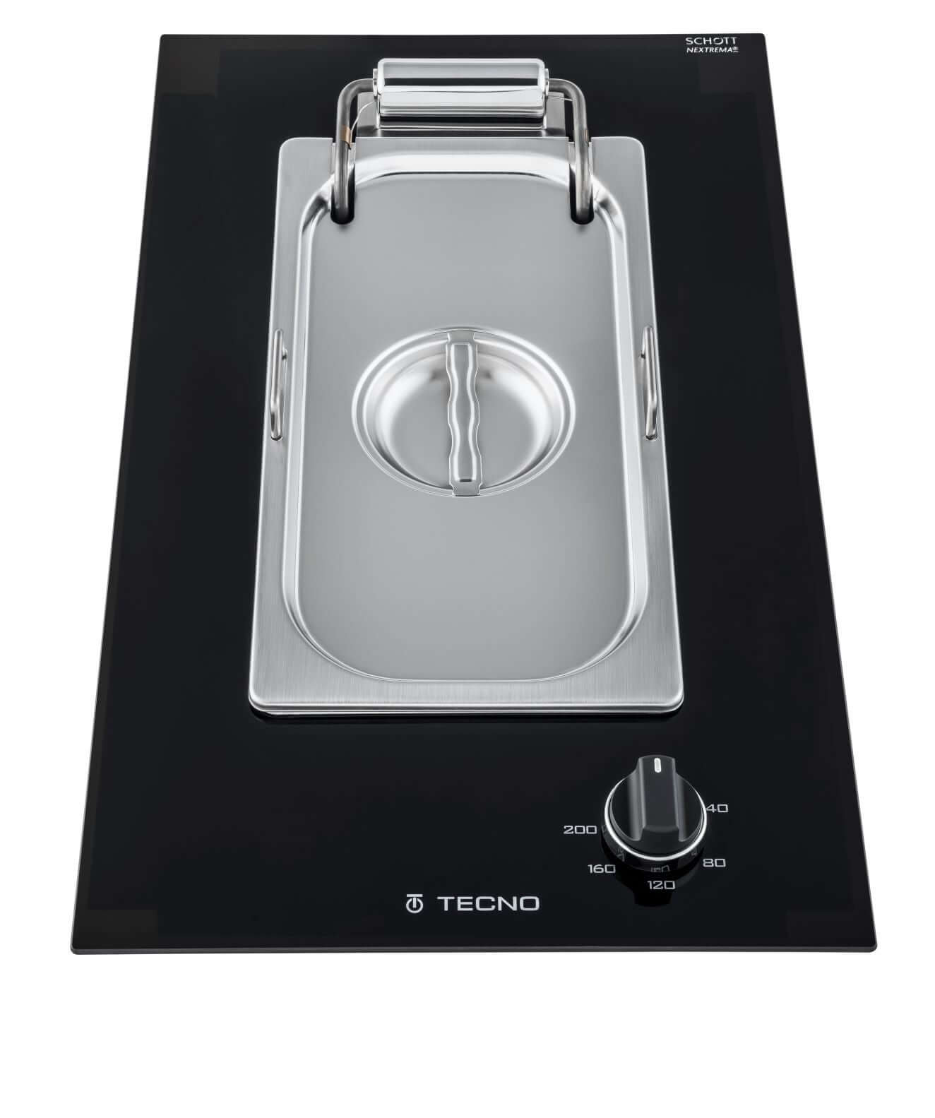 Tecno cooktop elétrico dominó 30cm com frigideira inox e painel frontal em vidro preto, manípulo soft-touch — Cooktop Dominó Fritadeira Elétrica Tecno 30cm