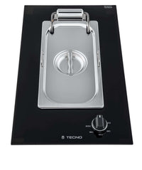 Tecno cooktop elétrico dominó 30cm com frigideira inox e painel frontal em vidro preto, manípulo soft-touch — Cooktop Dominó Fritadeira Elétrica Tecno 30cm