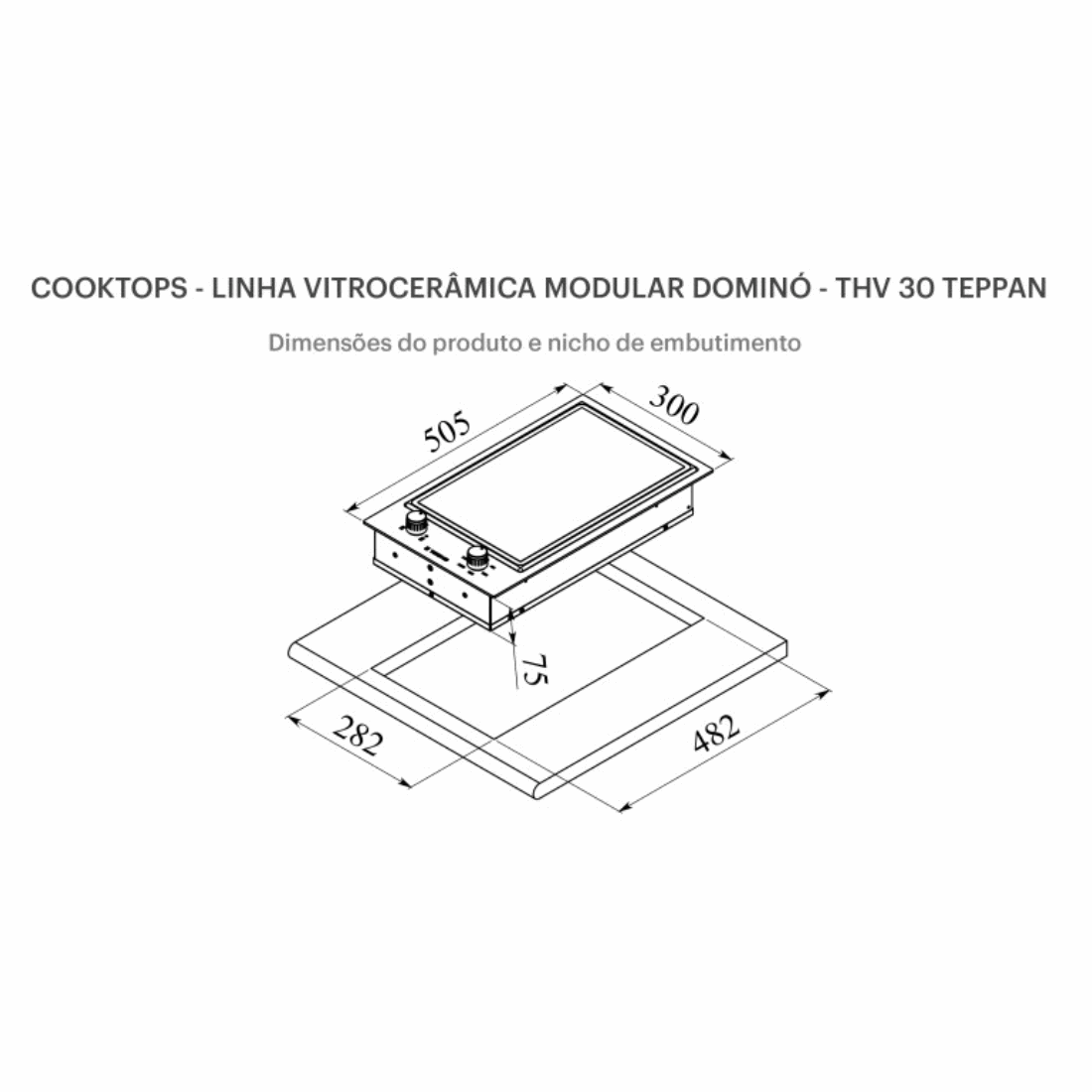 Cooktop elétrico Teppan Tecno 30cm Cooktop Dominó Chapa Elétrica Teppan Tecno em vitrocerâmica preta, painel frontal e botões soft‑touch