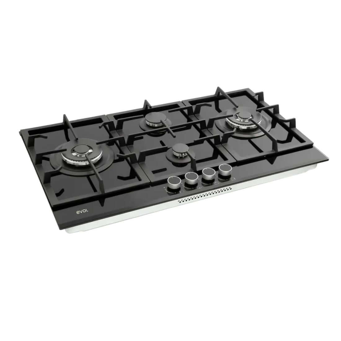 Cooktop Evol a Gás Black Glass 4 bocas 87cm vidro temperado preto com queimadores Sabaf e botões frontais