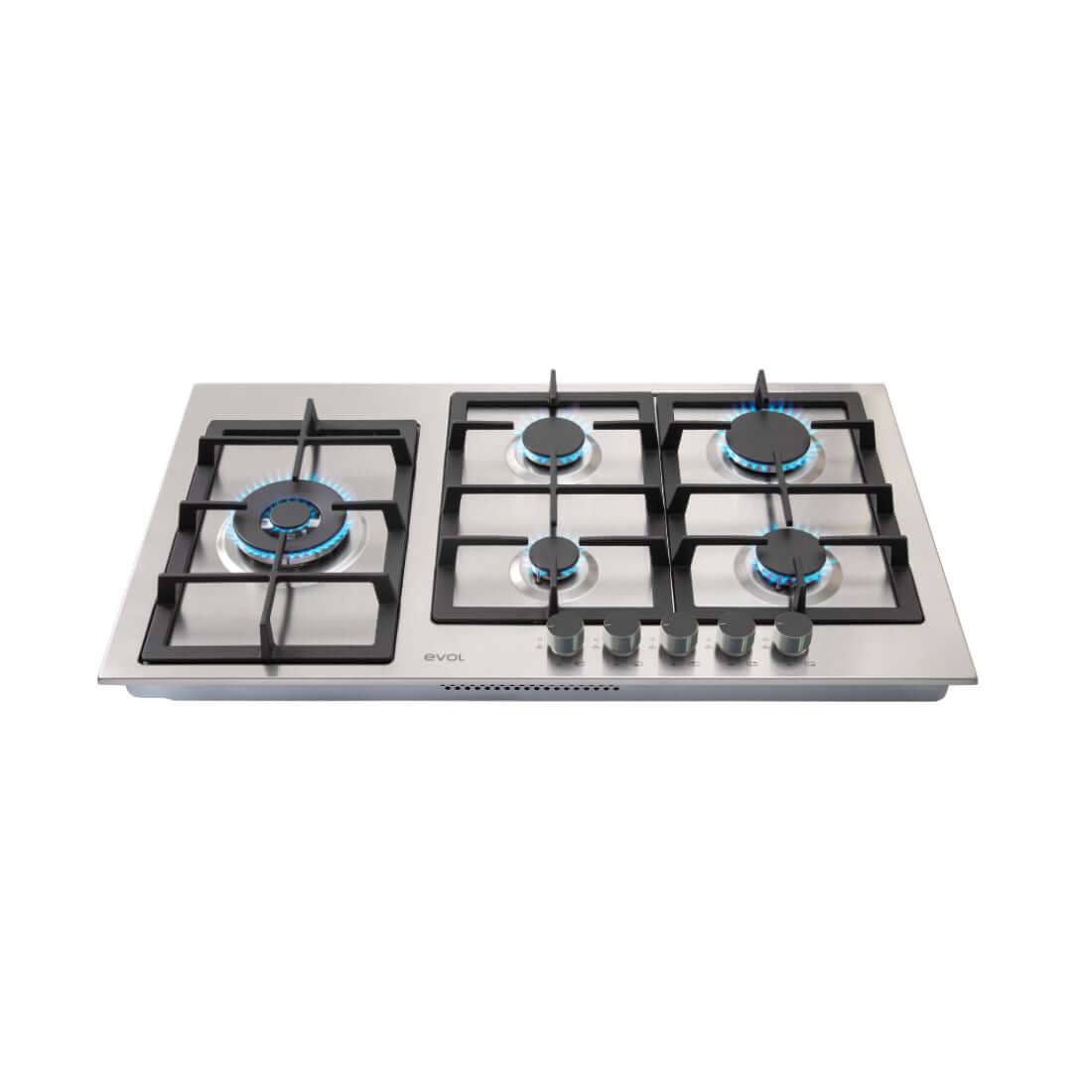 Cooktop Evol a Gás 5 Bocas Inox 90cm em aço inox 304 com queimadores Sabaf e 11,6kW, painel com botões frontais