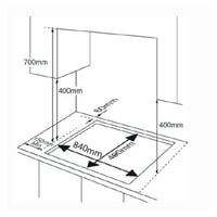 Cooktop Evol a Gás 5 Bocas Inox 90cm - desenho técnico com medidas de corte 840x490mm e distância de segurança 400mm