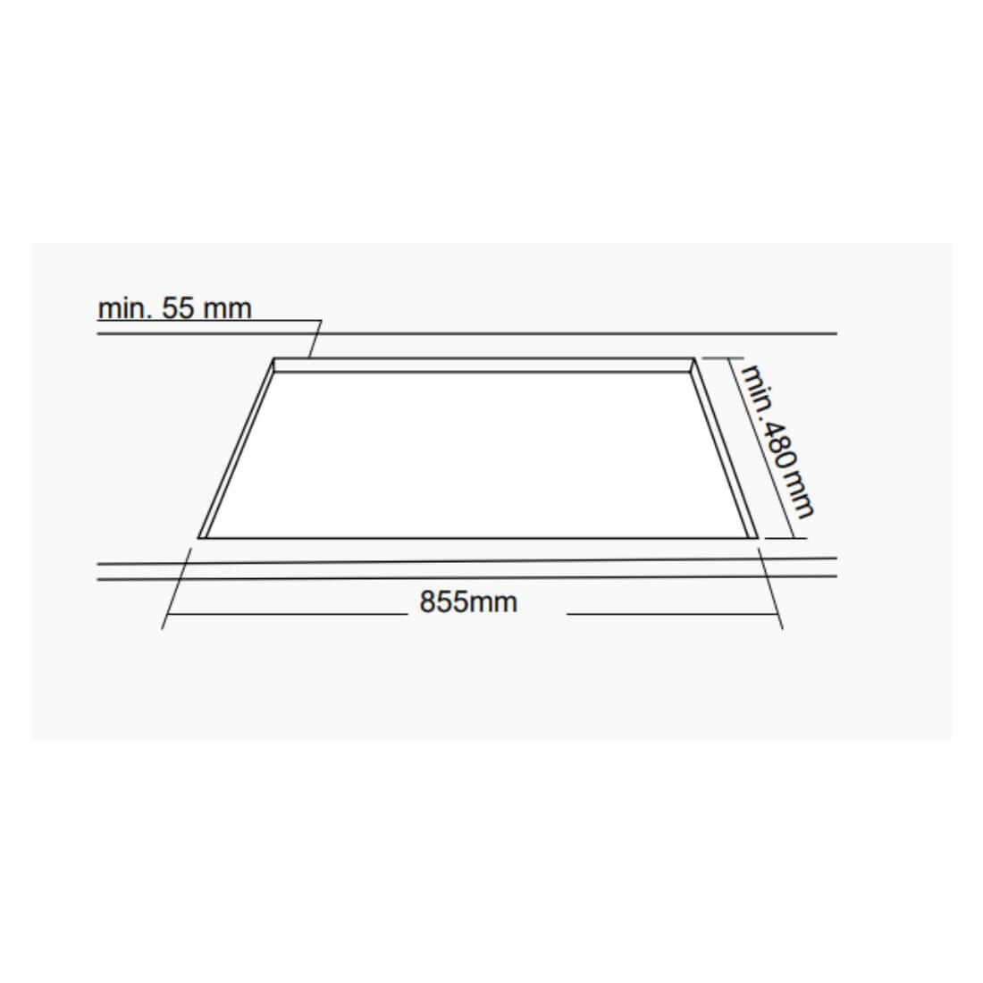 Cooktop Evol Riva 5 bocas inox 90cm - esquema de embutimento flush com largura 855mm e recuo mínimo 55mm