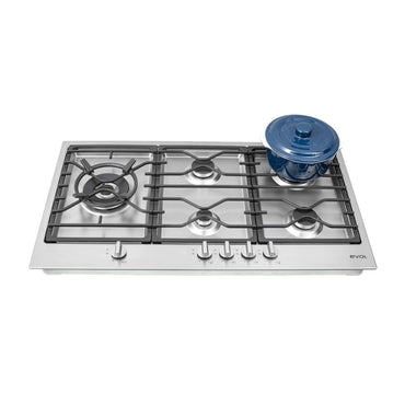 Cooktop Evol a Gás Riva 5 Bocas Inox 90cm embutido flush com trempes em ferro gusa e panela azul