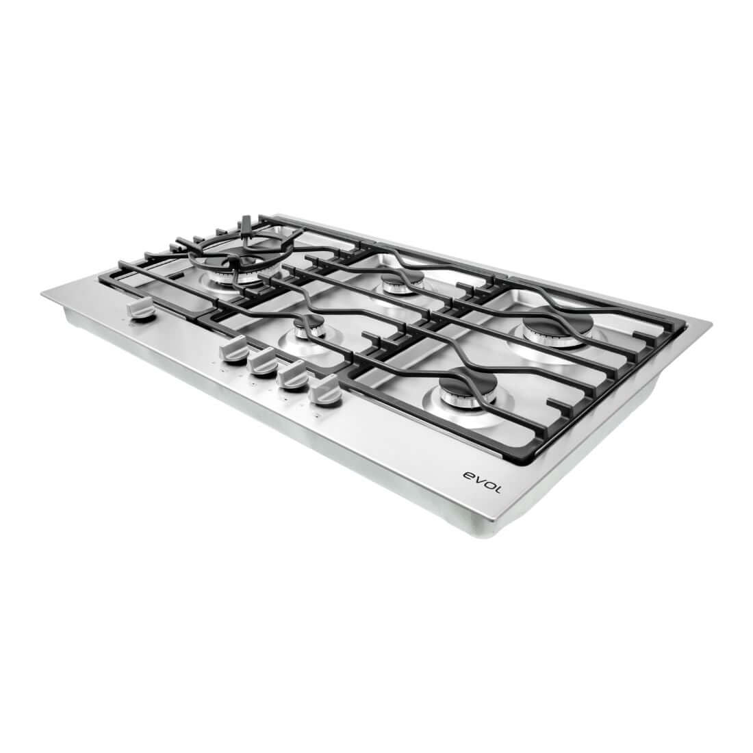 Cooktop Evol a Gás Riva 5 Bocas Inox 90cm embutido flush com trempes de ferro gusa e superfície contínua