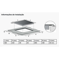Cooktop Evol Indução view 5 bocas 90cm desenho técnico com dimensões de instalação L 900 P 520 A 56 D 50 B 490 X 50 mm