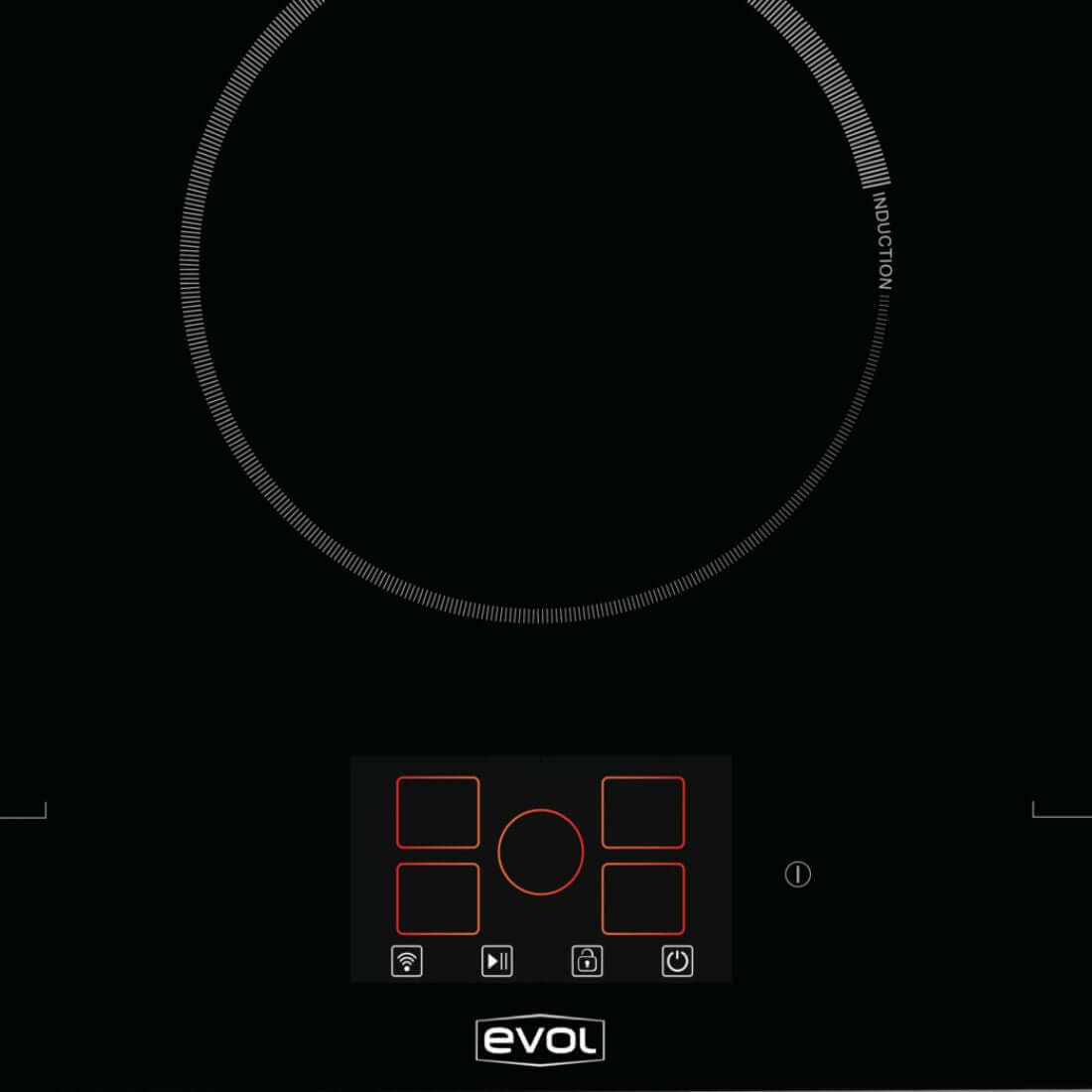 Cooktop Evol Indução com superfície preta, 5 zonas de aquecimento e painel TFT touch centralizado