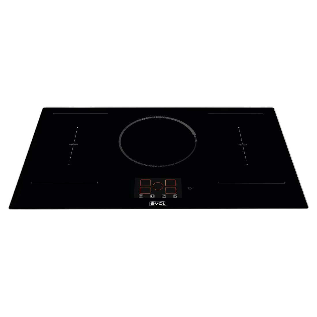 Cooktop Evol Indução View 5 Zonas 90cm em superfície vitrocerâmica preta com painel TFT e controles touch centralizados