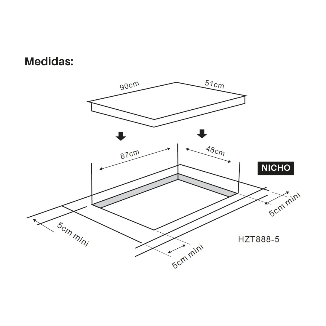 Dimensões do Cooktop à Gás Cuisinart, incluindo medidas do nicho e espaço total de instalação.