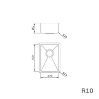 Cuba para cozinha Mekal LR Inox Escovado 27cm: desenho técnico de cuba de embutir inox escovado linha reta 270x400mm profundidade 150mm R10
