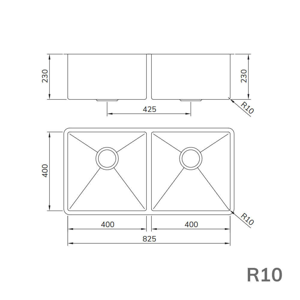 Cuba Mekal Dupla 82cm embutir inox escovado LR4040 desenho técnico dimensões 825x400x230mm com cantos R10