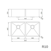 Cuba Mekal Dupla 82cm embutir inox escovado LR4040 desenho técnico dimensões 825x400x230mm com cantos R10