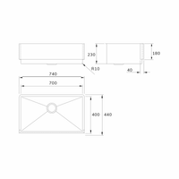 Cuba Mekal Farm Sink Inox Escovado 70cm - Cuba Mekal farmhouse de embutir inox escovado linha reta simples, profundidade e medidas técnicas visíveis