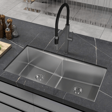 Cuba Dupla AS de embutir Inox Escovado 86cm Debacco Quadratino — cuba de embutir inox escovado dupla assimétrica com linha reta e torneira gourmet