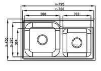 Cuba Debacco Dupla 79,5cm desenho técnico com dimensões e profundidades do bowl, aço inox acetinado