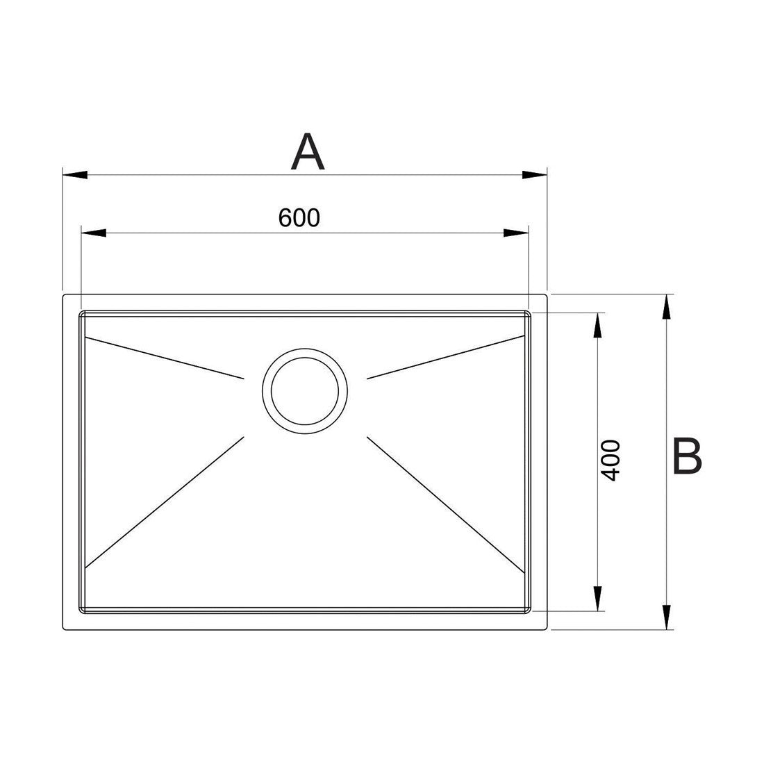 Cuba Debacco Quadratino 60cm em inox escovado, vista técnica top com medidas 600x400mm e ralo central