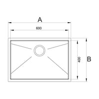 Cuba Debacco Quadratino 60cm em inox escovado, vista técnica top com medidas 600x400mm e ralo central