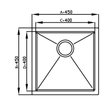 Cuba Debacco Quadratino 40cm inox escovado quadrada 400mm desenho técnico com dimensões e ralo central