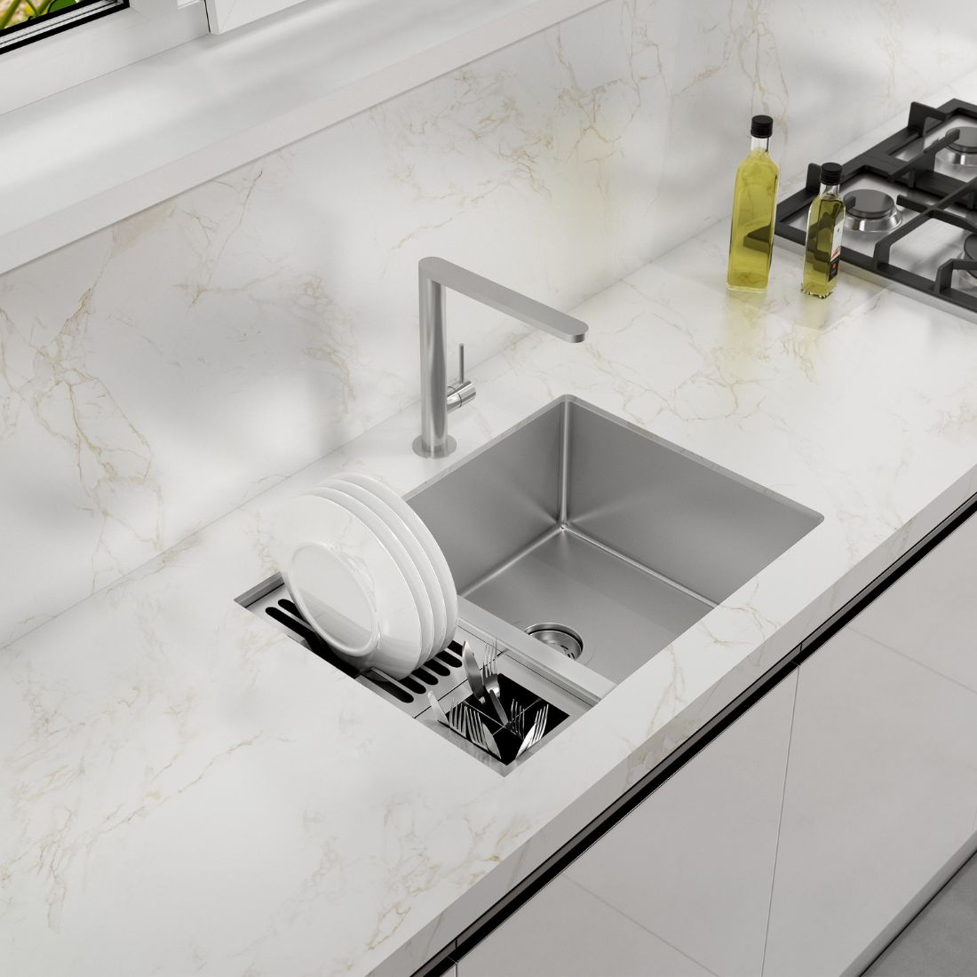 Cuba com Calha Debacco Quadratino 70cm em inox embutida na bancada com canal organizador e profundidade 200mm