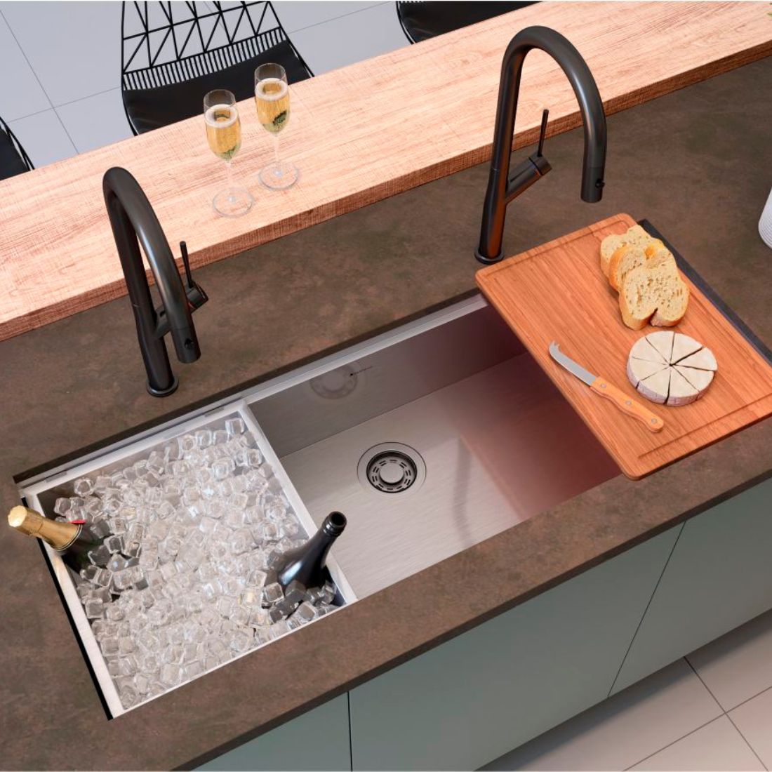 Alt Tag: Cuba Debacco Quadratino Gourmet cuba de embutir inox com bancada, acessórios, tábua de corte e espaço para gelo