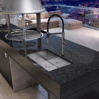 Cuba Debacco Quadratino 70cm em inox escovado instalada em ilha de cozinha moderna, design slim e linhas retas