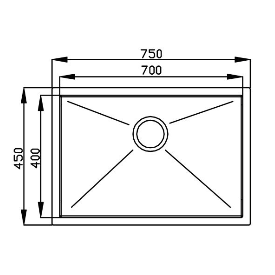 Alt Tag: Cuba Debacco Quadratino 70cm desenho técnico planta 700x400 mm inox escovado com ralo central e linhas drenantes