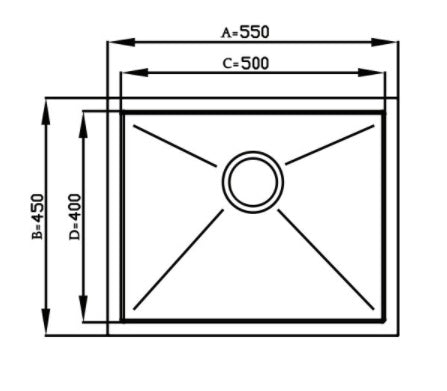 Alt Tag: Cuba Debacco Quadratino 50cm de Embutir Inox Escovado, vista técnica com medidas e ralo central, profundidade 200 mm