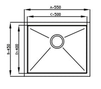 Alt Tag: Cuba Debacco Quadratino 50cm de Embutir Inox Escovado, vista técnica com medidas e ralo central, profundidade 200 mm