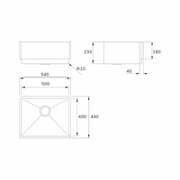 Cuba Mekal Farm Sink Inox Escovado 50cm - planta técnica de cuba de embutir inox escovado quadrada 50x44cm com ralos central e cota de profundidade