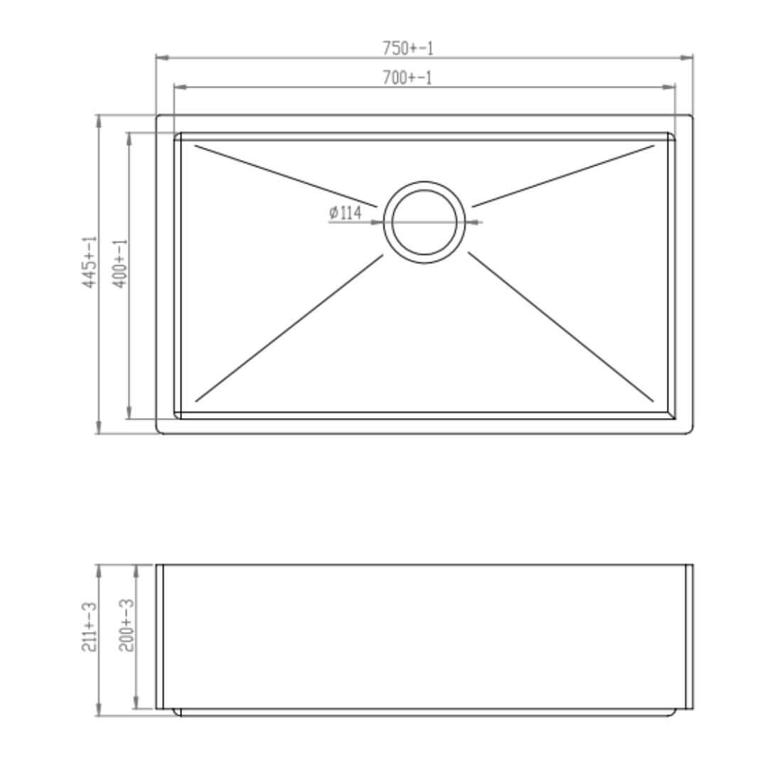 Cuba Debacco Quadratino desenho técnico 75cm em aço inox escovado com medidas e ralo Ø114