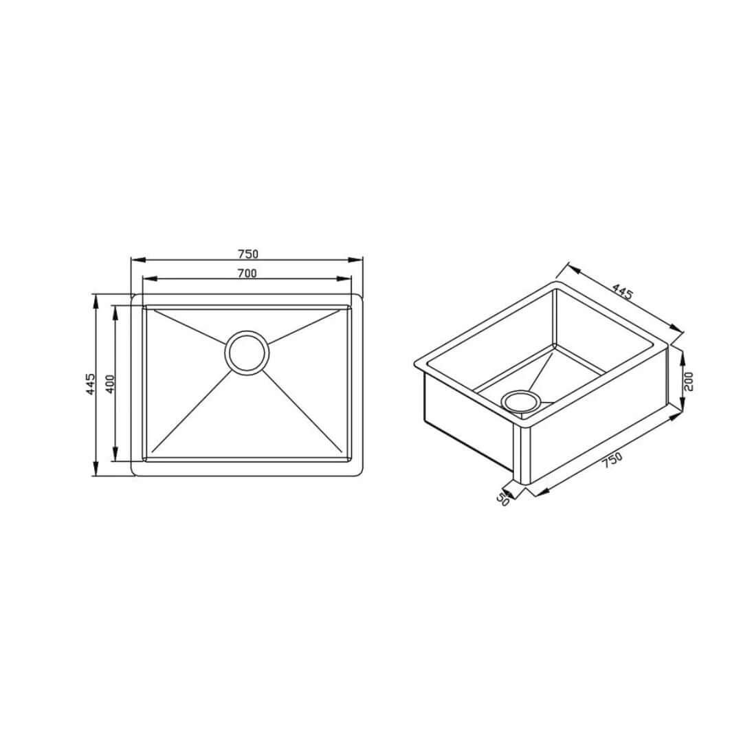 Cuba Debacco Quadratino 75cm em aço inox escovado com dimensões técnicas e ralo central