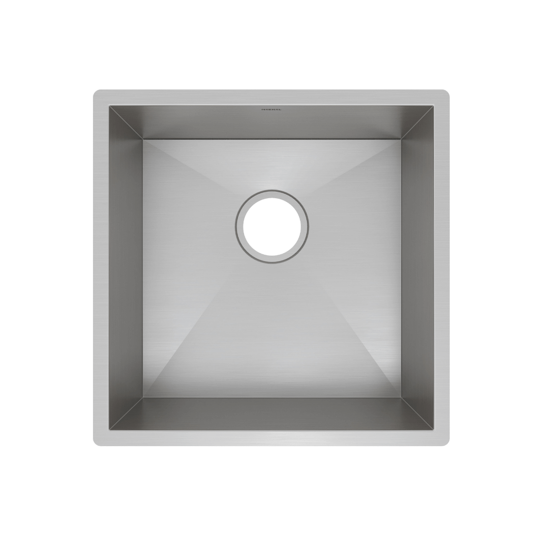 Cuba Mekal LR 40cm de embutir em inox escovado, cuba quadrada 40x40cm com cantos retilíneos e ralo central