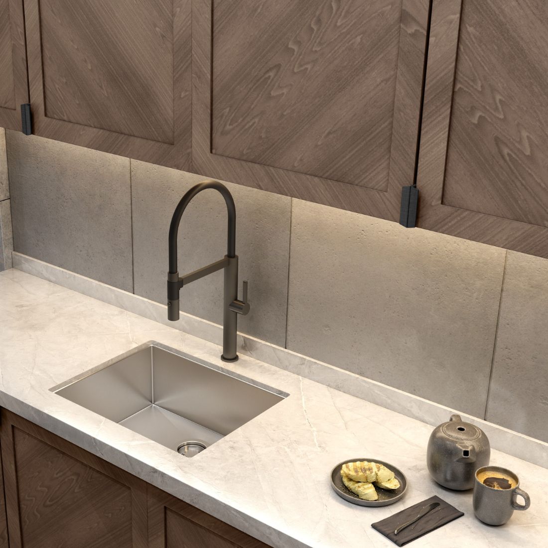 Cuba Debacco Quadratino 50cm de embutir inox escovado em bancada gourmet com torneira preta e acabamento moderno