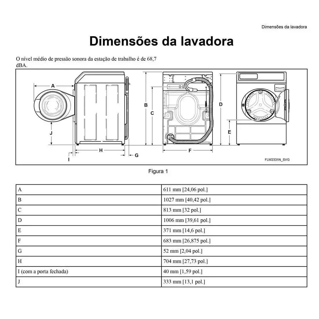 Dimensões da Lavadora de Roupas Speed Queen 10,5 Kg AFNE9B, incluindo medidas e especificações técnicas.
