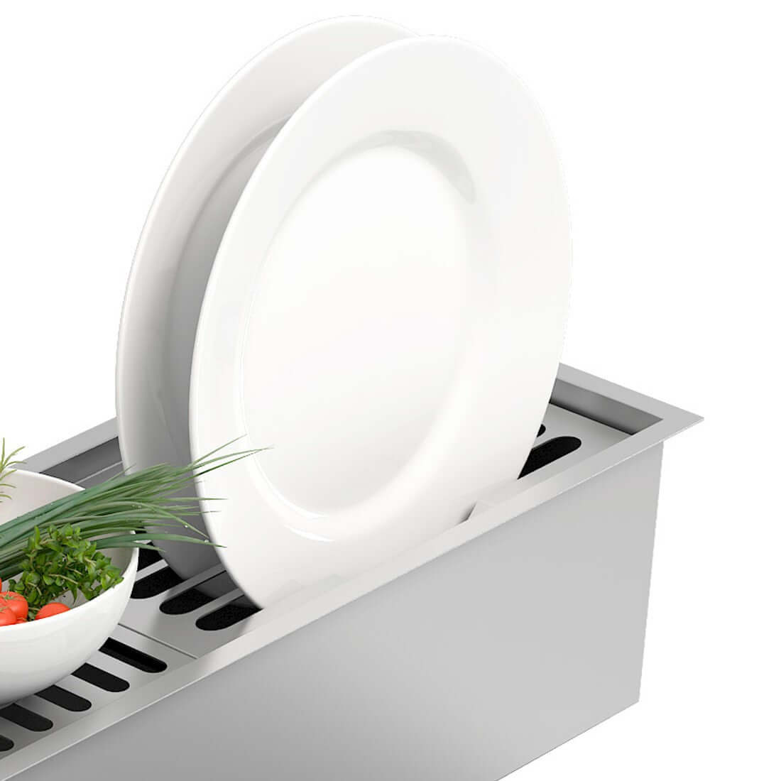Escorredor de pratos Debacco Inox 30cm com pratos brancos e vegetais frescos ao lado.