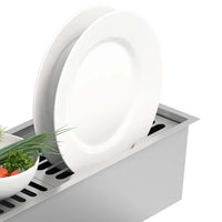 Escorredor de pratos Debacco Inox 30cm com pratos brancos e vegetais frescos ao lado.