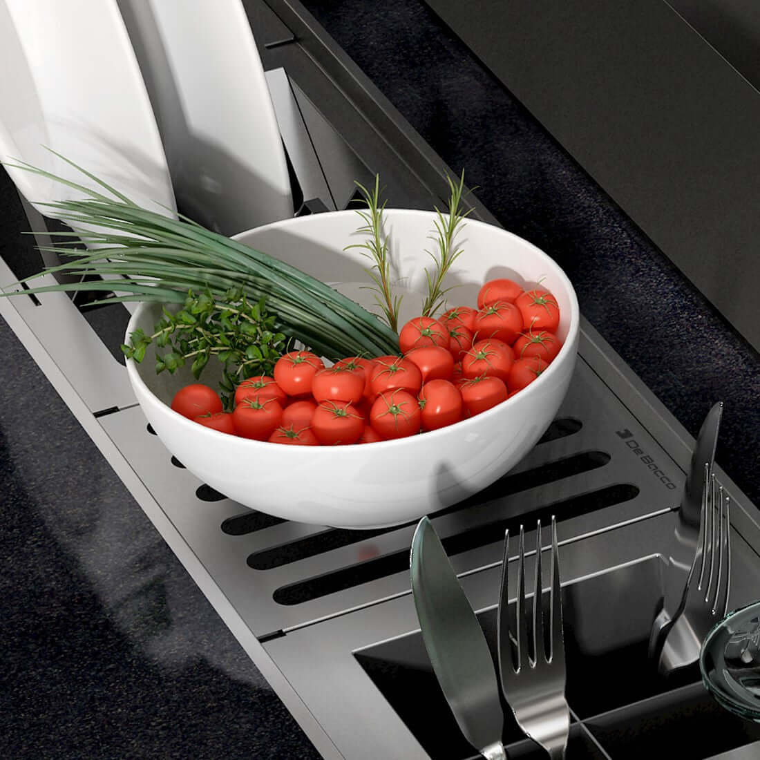 Bowl branco com tomates-cereja e ervas em escorredor inox Debacco 15cm para canal organizador.