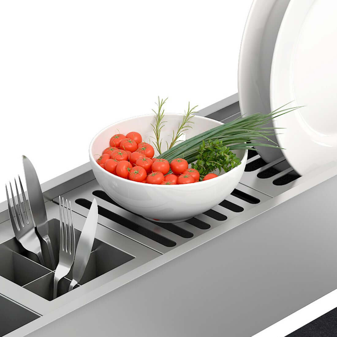 Escorredor inox Debacco com tomate e ervas decorativas, ideal para otimizar espaço na cozinha.