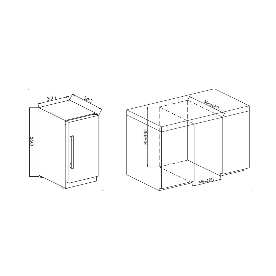 Máquina de Gelo Cuisinart Arkton 14,5kg/dia Inox 38cm mostrando design em inox, medidas e espaço para embutir sob bancada