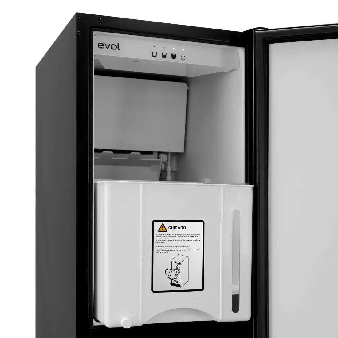 Máquina de Gelo Evol 20kg/dia Inox 38cm - ice maker de embutir com acabamento inox, gabinete preto, porta aberta e cesto interno visível