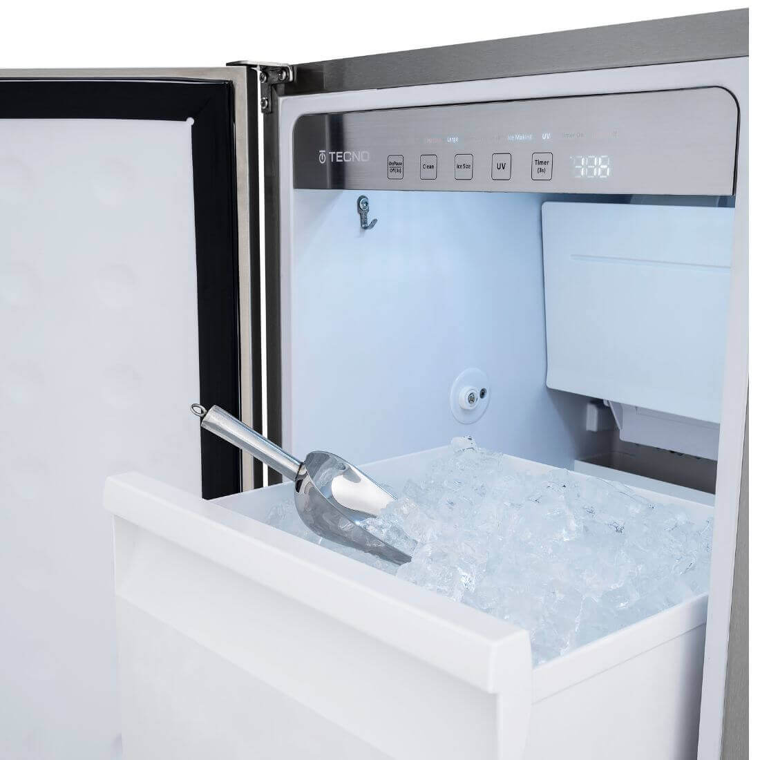 Máquina de Gelo Tecno Professional 50kg/dia Inox 45cm ice maker de embutir com acabamento inox, porta aberta, painel digital e cesto com gelo