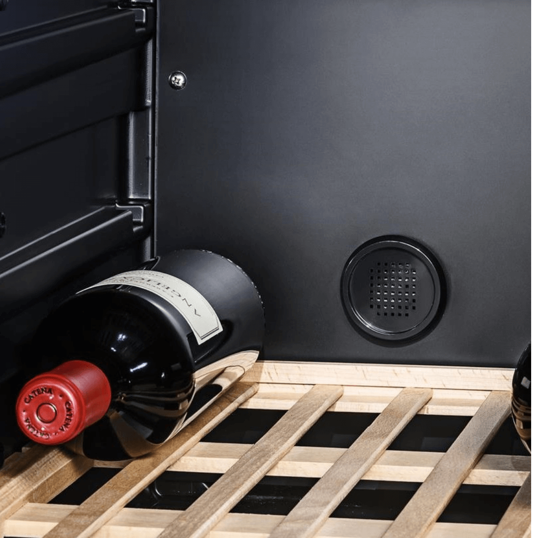 Interior da adega de vinhos Tecno com garrafas Bordeaux e prateleira de madeira visível.