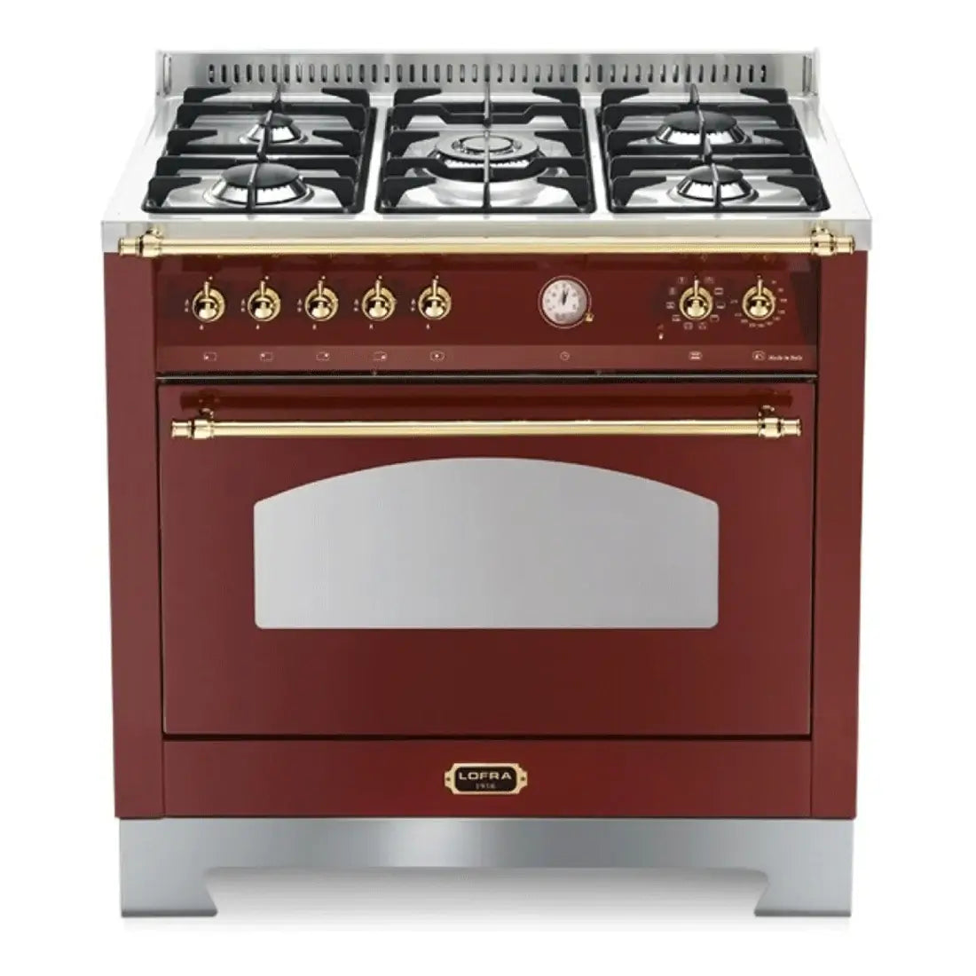Fogão Lofra Dolcevita Vinho 90cm 5 Bocas Forno Elétrico 102 Litros — fogão de piso vinho com acabamento inox e detalhes dourados, grelhas em ferro fundido