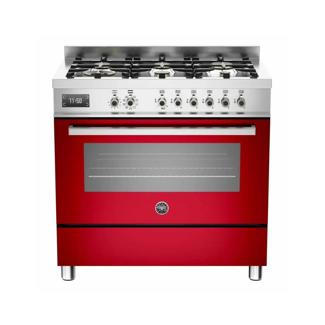 Fogão Bertazzoni Professional 6 bocas vermelho, forno elétrico 108 litros, 90cm, inox escovado, queimadores a gás.