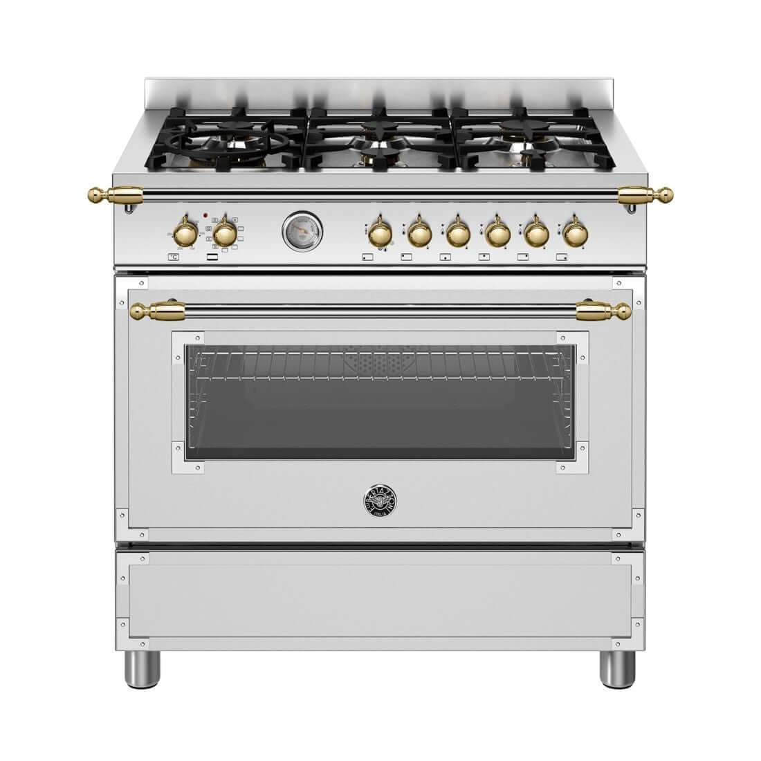 Fogão Bertazzoni Heritage Inox 90cm 6 Bocas Forno Elétrico 103L - fogão de piso inox 6 bocas com forno elétrico, grelhas ferro fundido, puxadores dourados