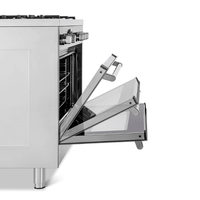 Fogão Bertazzoni Master 5 Bocas com forno a gás inox e portas do forno abertas, destacando seu design moderno.