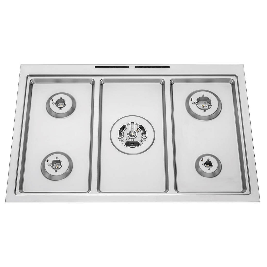 Cooktop de inox com 5 queimadores e design moderno, ideal para cozinhas contemporâneas.